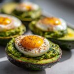 Close-up of Pesto Eggs in Avocado Boats, featuring a fried egg nestled in a bed of pesto within an avocado half, seasoned with pepper.