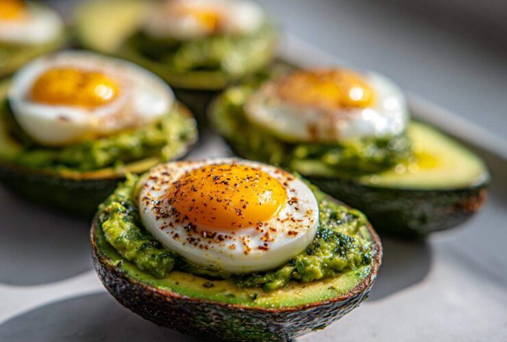 Close-up of Pesto Eggs in Avocado Boats, featuring a fried egg nestled in a bed of pesto within an avocado half, seasoned with pepper.