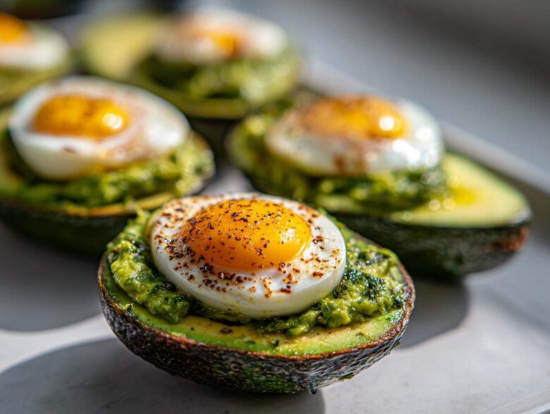 Close-up of Pesto Eggs in Avocado Boats, featuring a fried egg nestled in a bed of pesto within an avocado half, seasoned with pepper.