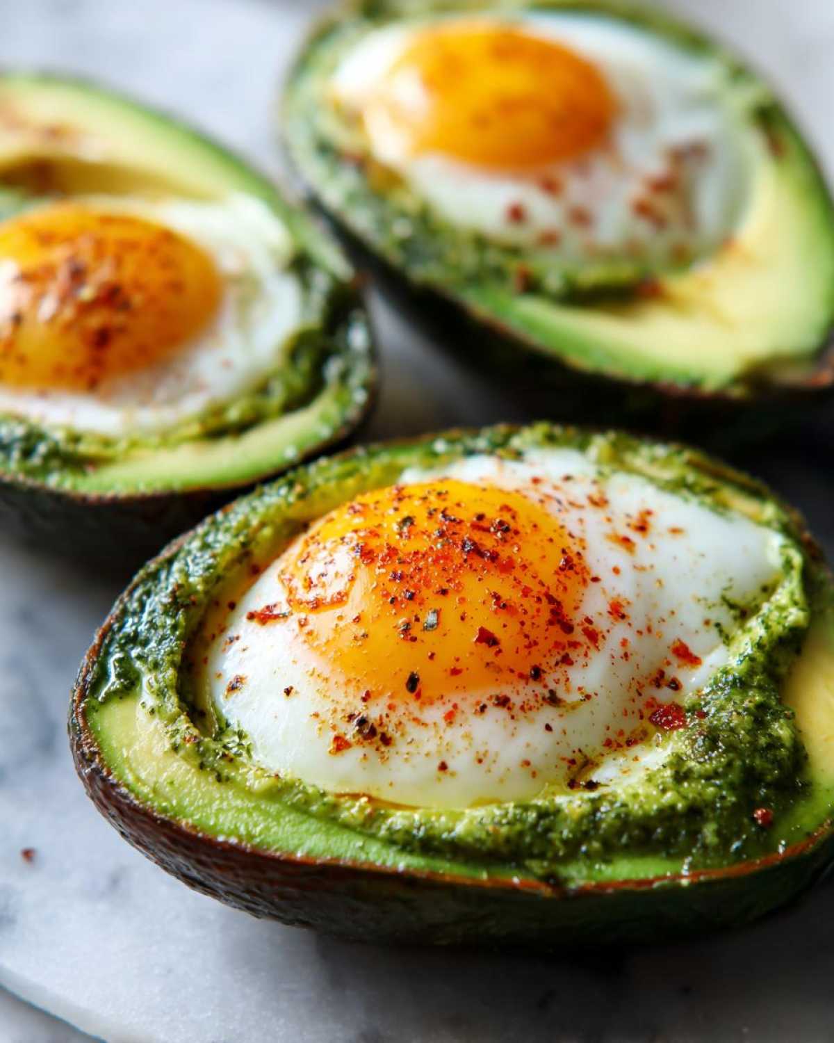 Close-up of Pesto Eggs in Avocado Boats, with a perfectly cooked egg nestled in pesto-filled avocado halves, sprinkled with paprika.