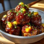 A close-up of a bowl filled with glistening Pineapple Teriyaki Meatballs, garnished with pineapple chunks and chopped green onions.