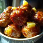 Close-up of glistening Pineapple Teriyaki Meatballs in a decorative bowl, garnished with pineapple chunks.