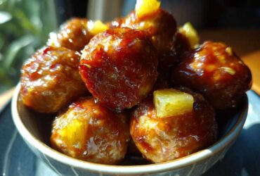 Close-up of glistening Pineapple Teriyaki Meatballs in a decorative bowl, garnished with pineapple chunks.