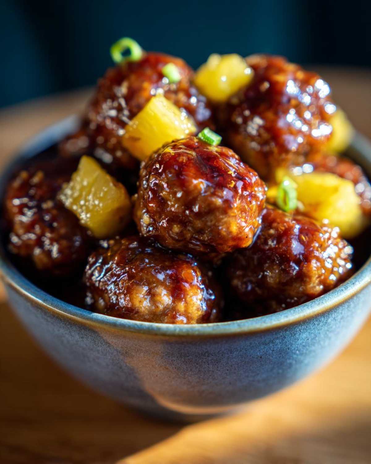 Close-up of glistening Pineapple Teriyaki Meatballs in a blue ceramic bowl, garnished with chopped green onions.