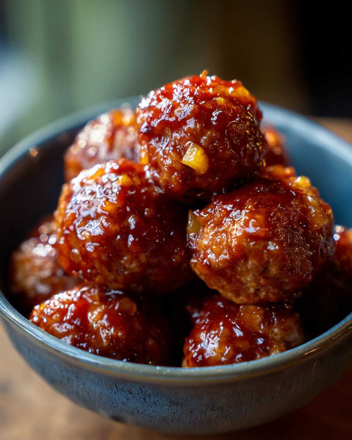 A close-up of a bowl filled with glistening Pineapple Teriyaki Meatballs coated in a rich, glossy sauce.