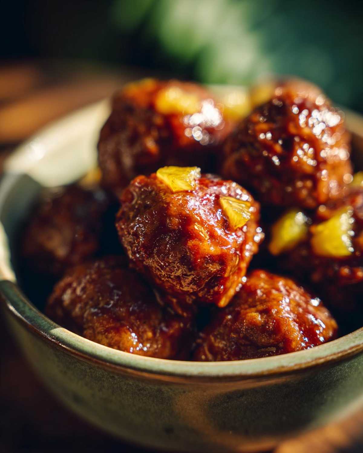 Close-up of glistening Pineapple Teriyaki Meatballs in a rustic bowl, topped with pineapple chunks.