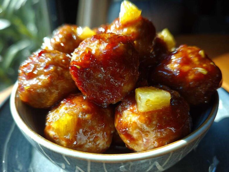 Close-up of glistening Pineapple Teriyaki Meatballs in a decorative bowl, garnished with pineapple chunks.