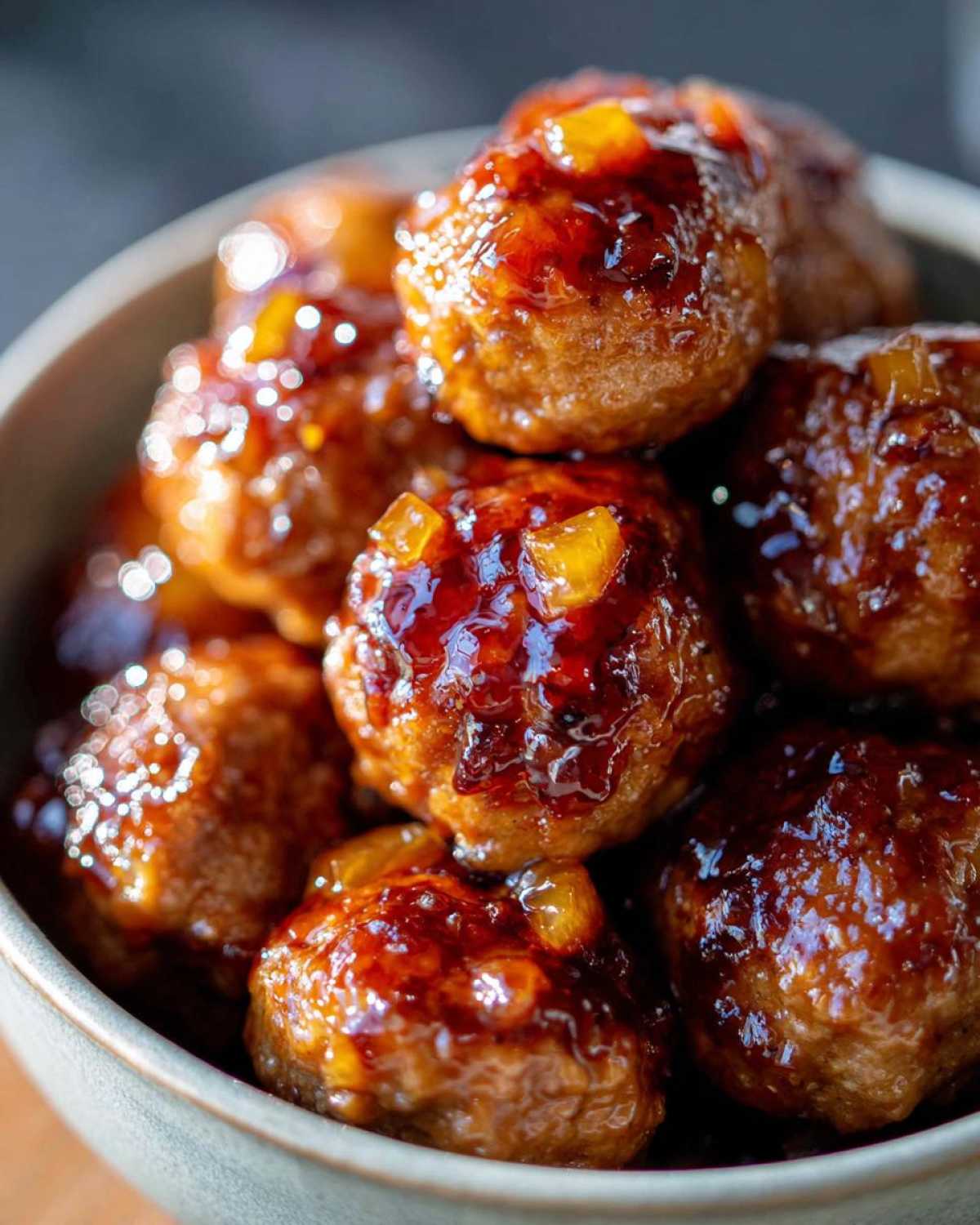 A close-up of glistening Pineapple Teriyaki Meatballs in a bowl, coated in a rich, glossy sauce with visible pineapple chunks.