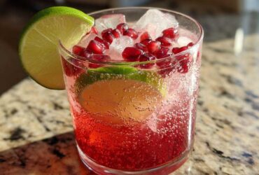 A close-up of a Pomegranate Guava Mocktail garnished with fresh lime and pomegranate seeds, filled with ice and bubbly liquid.