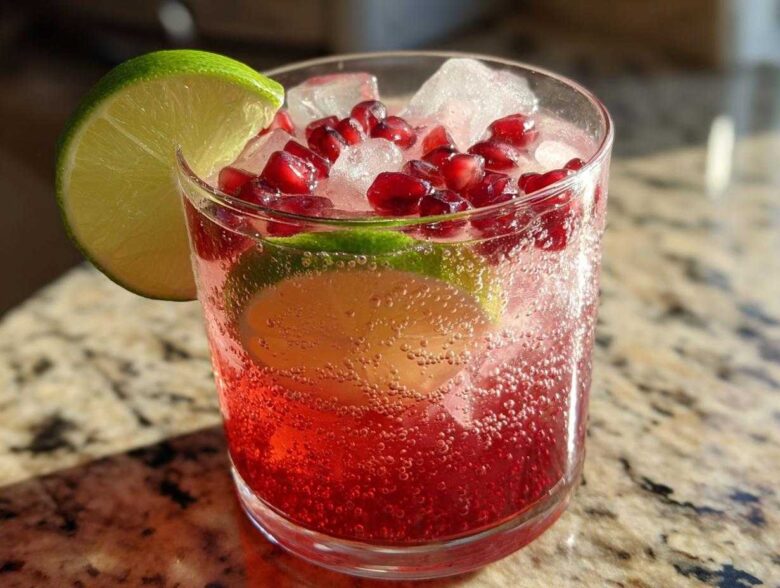 A close-up of a Pomegranate Guava Mocktail garnished with fresh lime and pomegranate seeds, filled with ice and bubbly liquid.