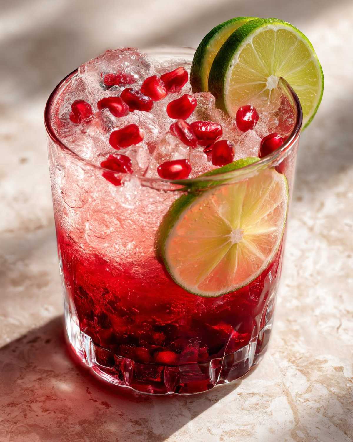 A close-up of a Pomegranate Guava Mocktail filled with ice, garnished with lime slices and pomegranate seeds.