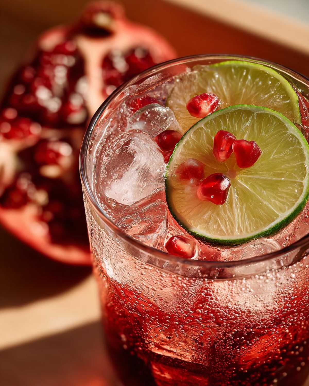 A close-up of a Pomegranate Guava Mocktail in a glass with ice, lime slices, and pomegranate seeds.