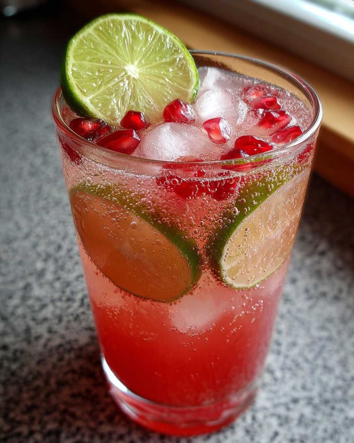 A close-up of a Pomegranate Guava Mocktail garnished with lime slices, pomegranate seeds, and ice.