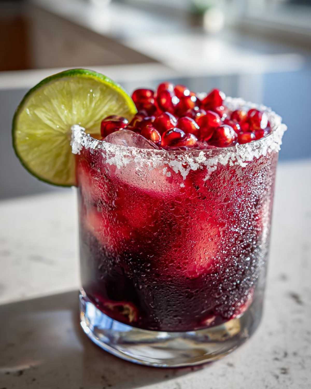 A close-up of a Pomegranate Margarita cocktail, garnished with a lime wheel and fresh pomegranate seeds.