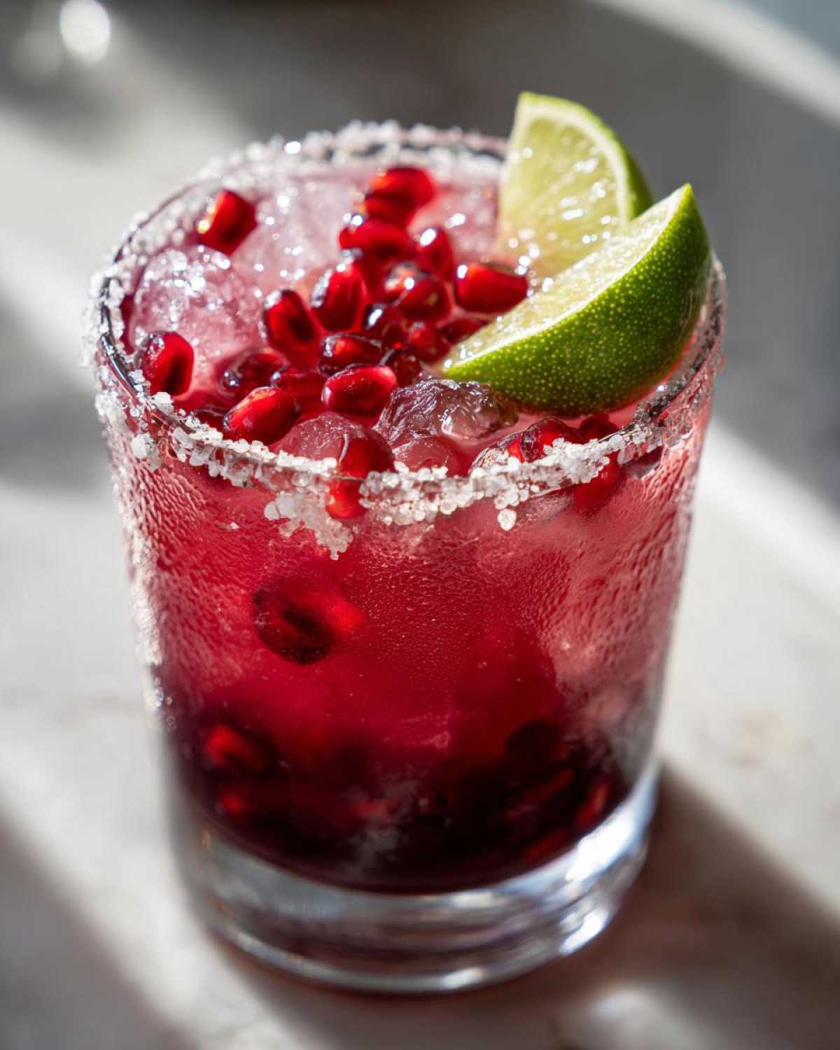 A close-up of a Pomegranate Margarita cocktail, garnished with fresh pomegranate seeds and lime wedges, with a salt-rimmed glass.