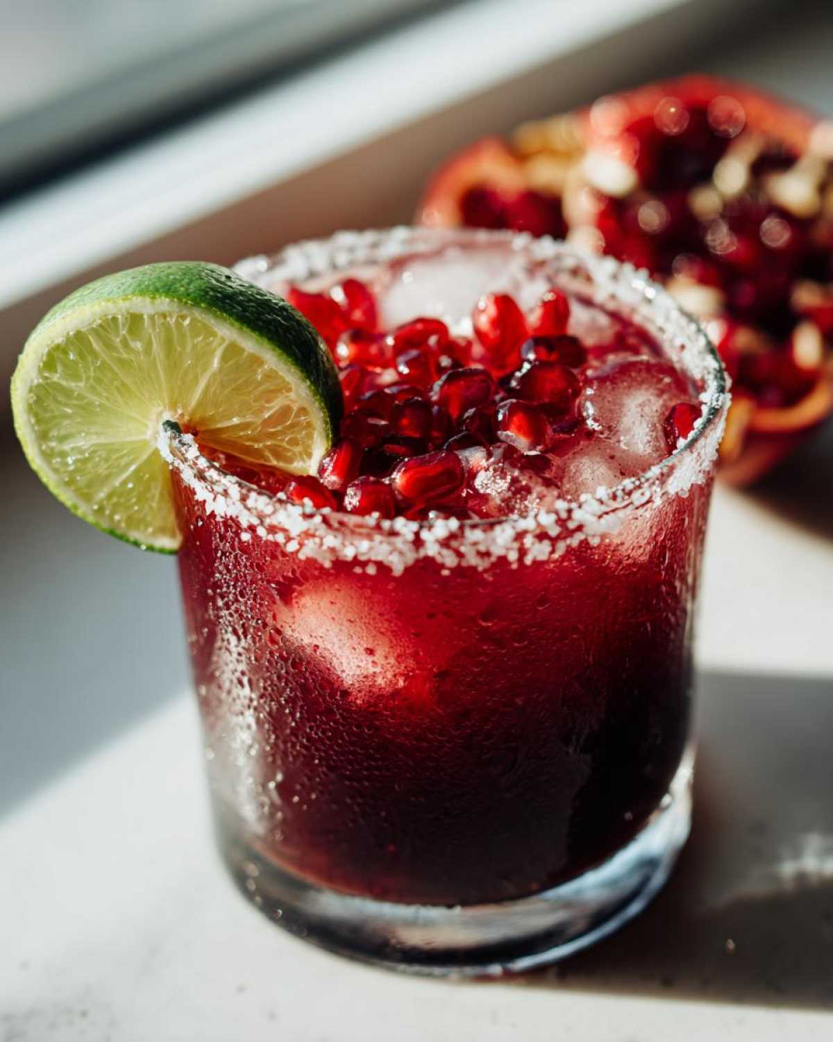 A close-up of a Pomegranate Margarita in a salt-rimmed glass, garnished with a lime wedge and topped with pomegranate seeds and ice.