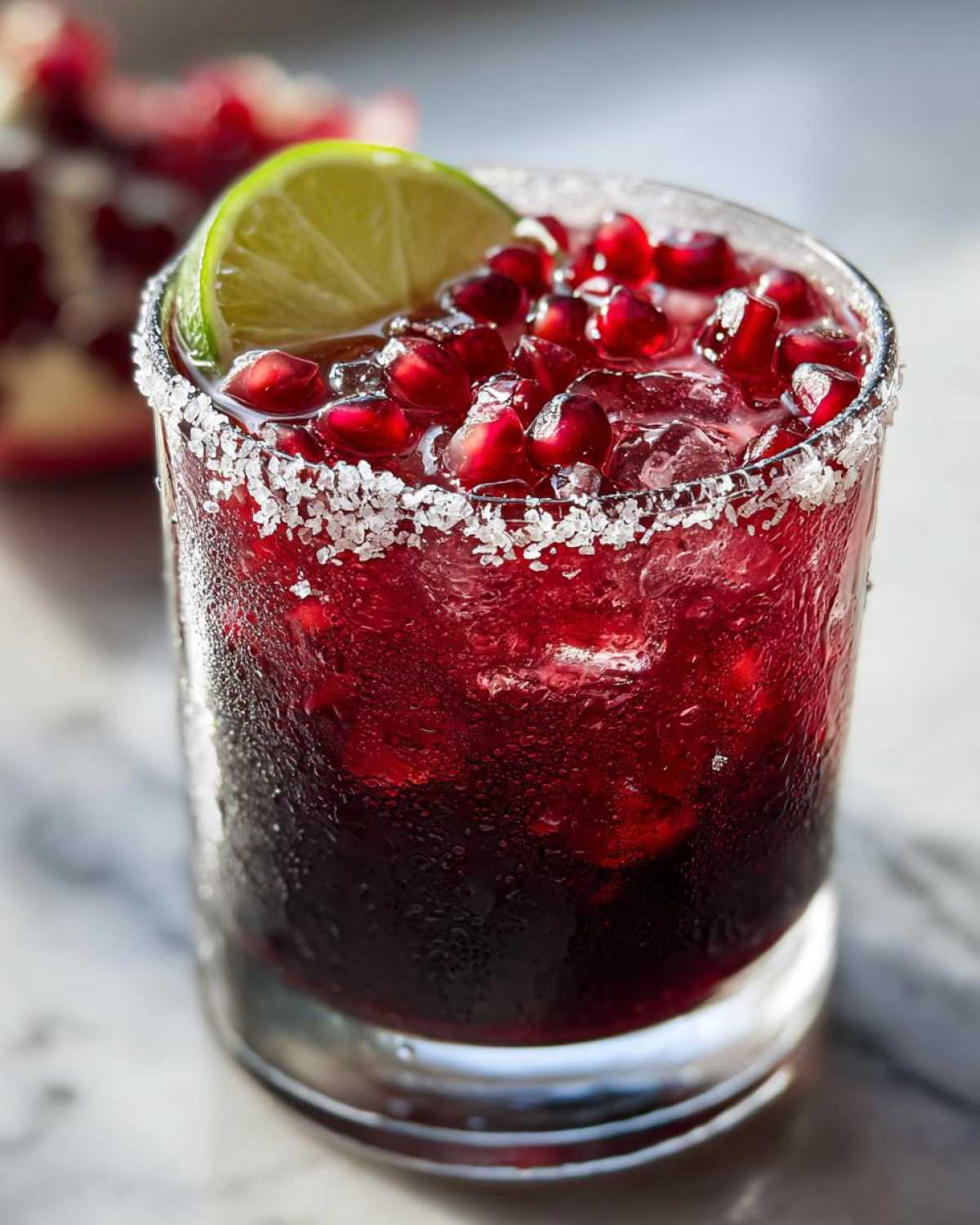 A close-up of a festive Pomegranate Margarita, garnished with a lime wheel and fresh pomegranate seeds, with a salt-rimmed glass.