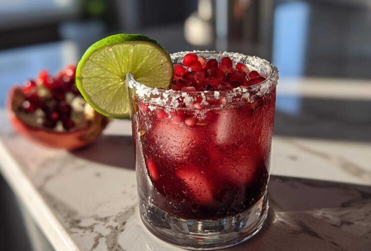 A refreshing Pomegranate Margarita in a salt-rimmed glass, garnished with a lime wheel and fresh pomegranate seeds.