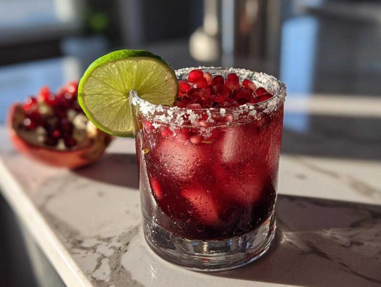 A refreshing Pomegranate Margarita in a salt-rimmed glass, garnished with a lime wheel and fresh pomegranate seeds.