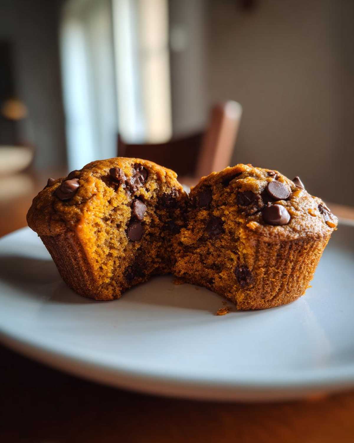 A close-up of a pumpkin chocolate chip muffin, split in half to reveal a moist interior and plenty of chocolate chips.