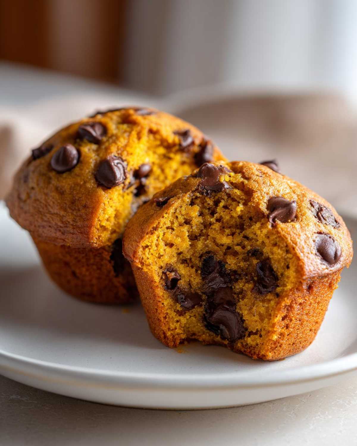 A close-up of two pumpkin chocolate chip muffins on a plate, with one muffin showing a bite taken out, revealing the moist interior and chocolate chips.
