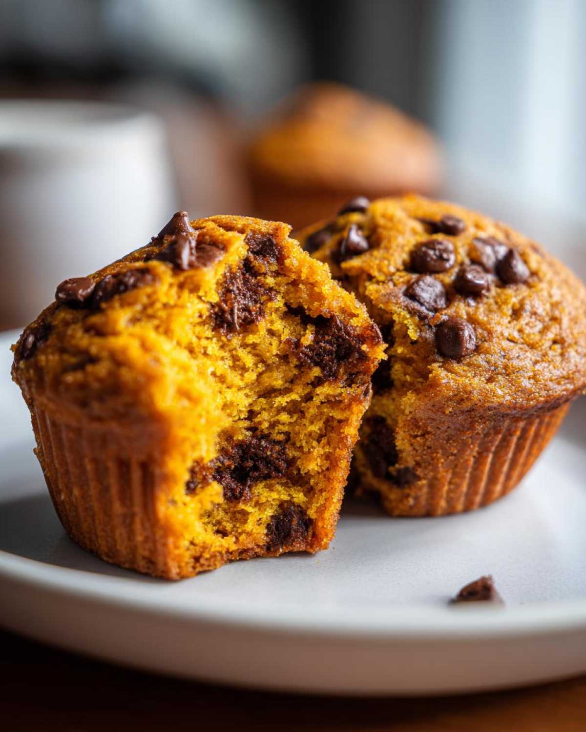 Close-up of a delicious pumpkin chocolate chip muffin, with one muffin broken in half to show the rich chocolate chips inside.
