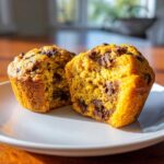 Close-up of two halves of a pumpkin chocolate chip muffin, revealing a moist interior and melted chocolate chips.