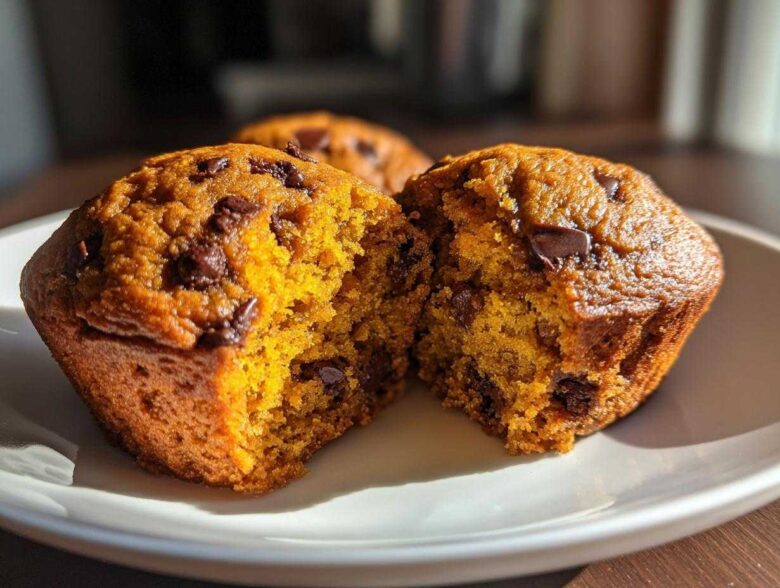A close-up view of a broken Pumpkin Chocolate Chip Muffin, revealing its moist interior and chocolate chips.