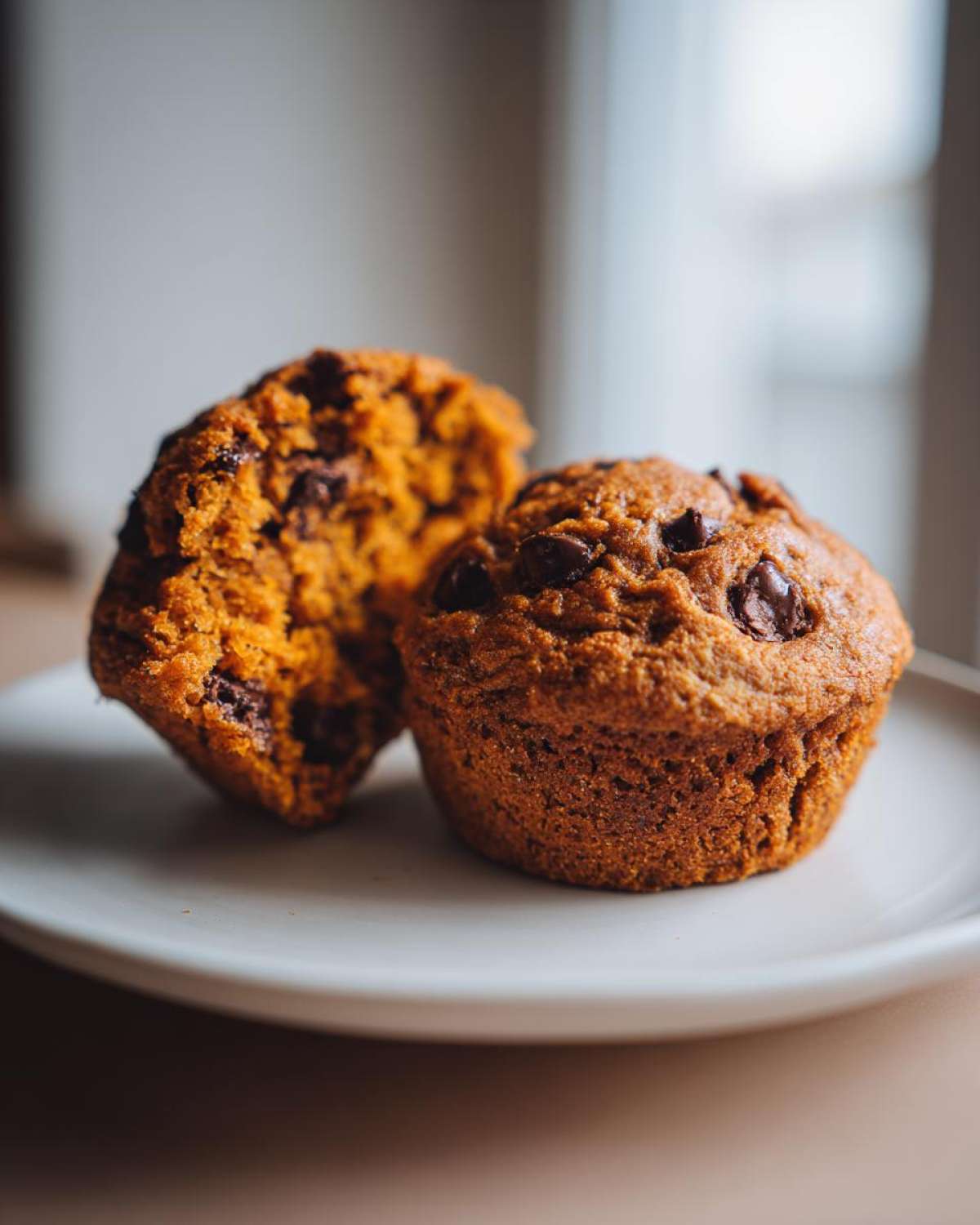 Two delicious pumpkin chocolate chip muffins on a white plate, one split in half to show the moist interior.