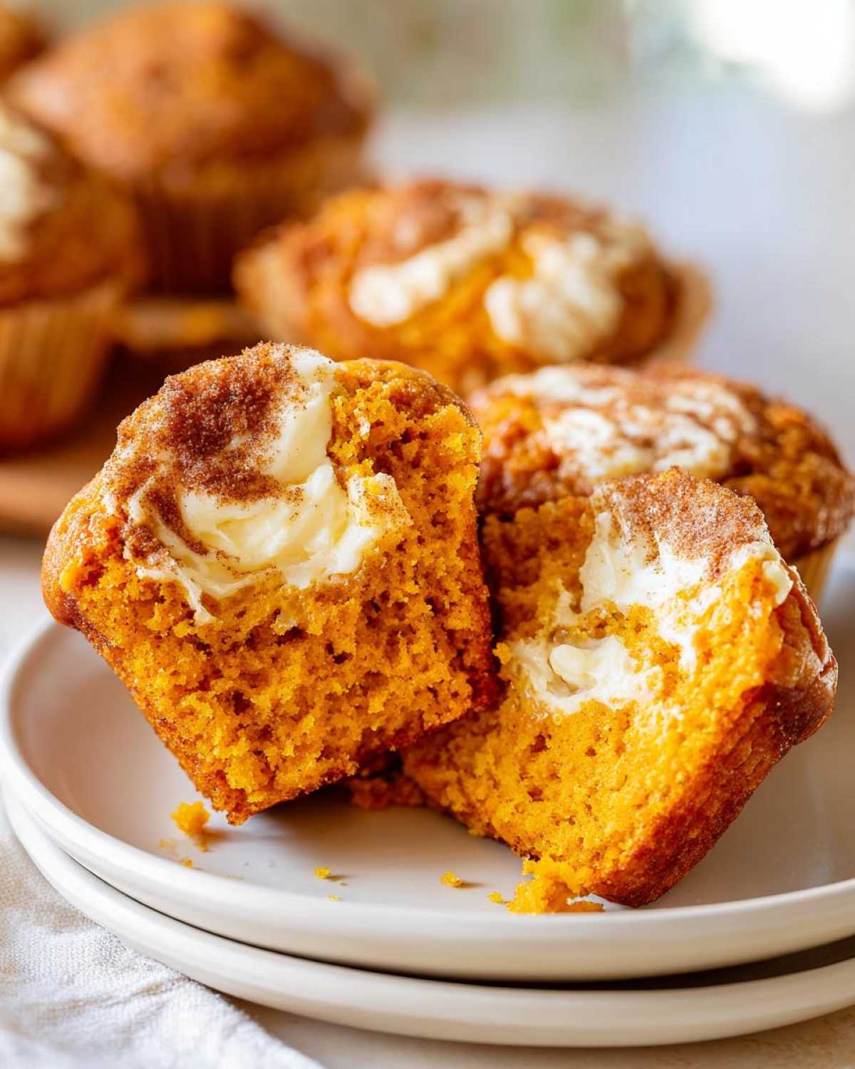 A close-up of a Pumpkin Cream Cheese Muffin, split in half to reveal a creamy center.
