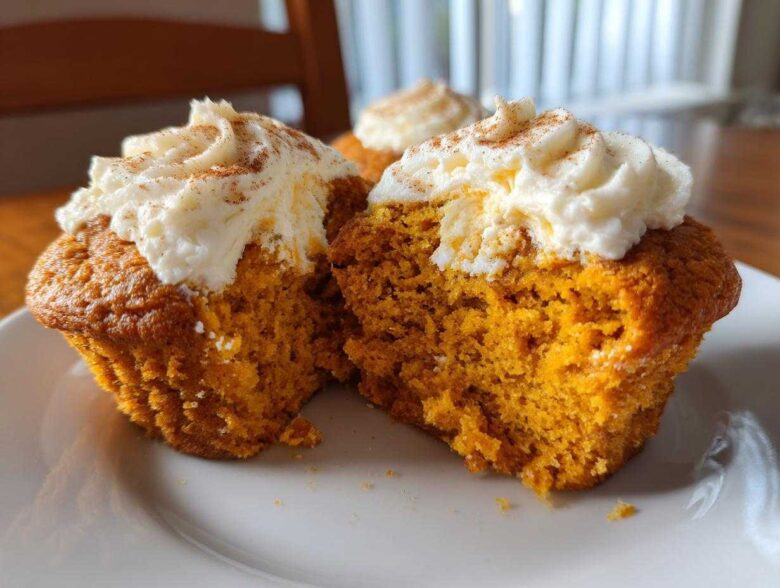 Close-up of two Pumpkin Cream Cheese Muffins, one split open, topped with creamy frosting and cinnamon.