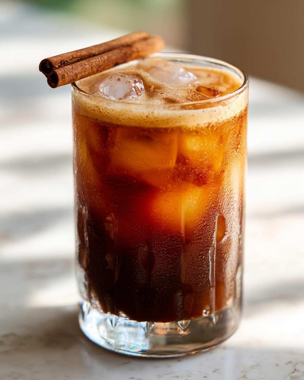 A refreshing Pumpkin Spice Cold Brew Cocktail in a glass, filled with ice and topped with a cinnamon stick.