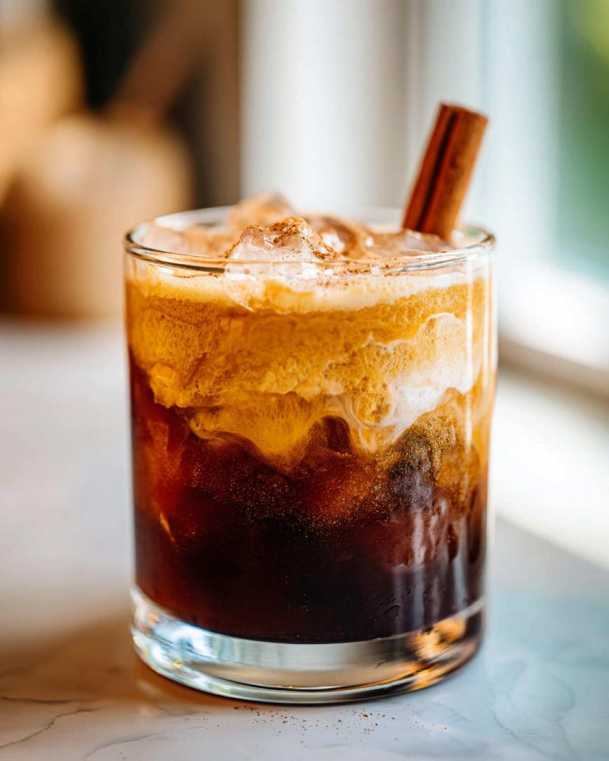A delicious Pumpkin Spice Cold Brew Cocktail in a glass, topped with cream and a cinnamon stick.