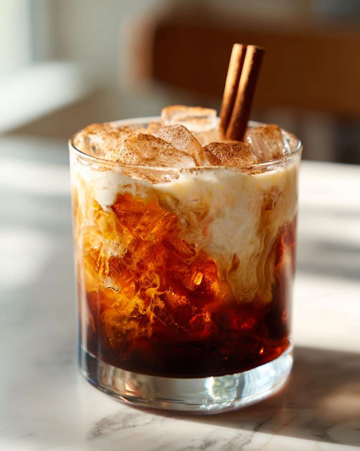 A close-up of a Pumpkin Spice Cold Brew Cocktail with ice, cream, cinnamon, and a cinnamon stick.
