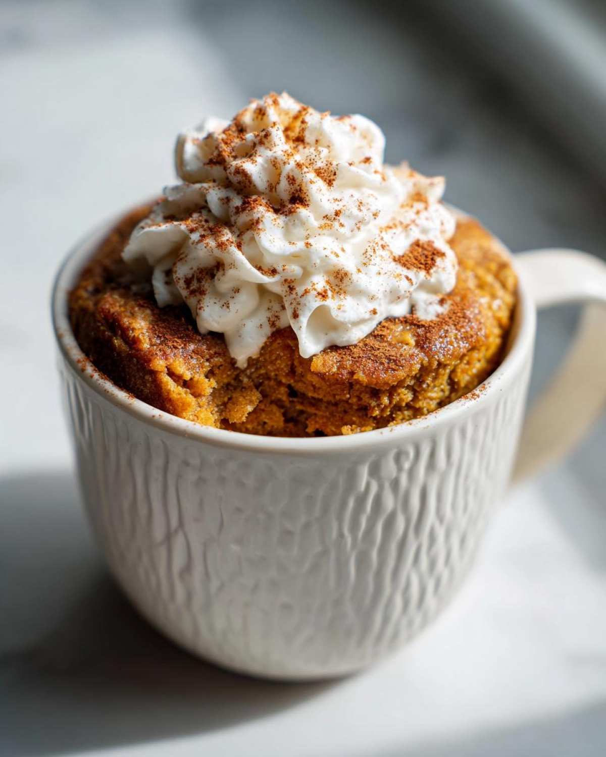 A close-up of a delicious Pumpkin Spice Latte Mug Cake topped with whipped cream and a sprinkle of cinnamon.