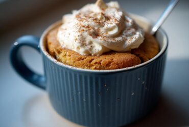 A close-up of a delicious Pumpkin Spice Latte Mug Cake topped with whipped cream and cinnamon.
