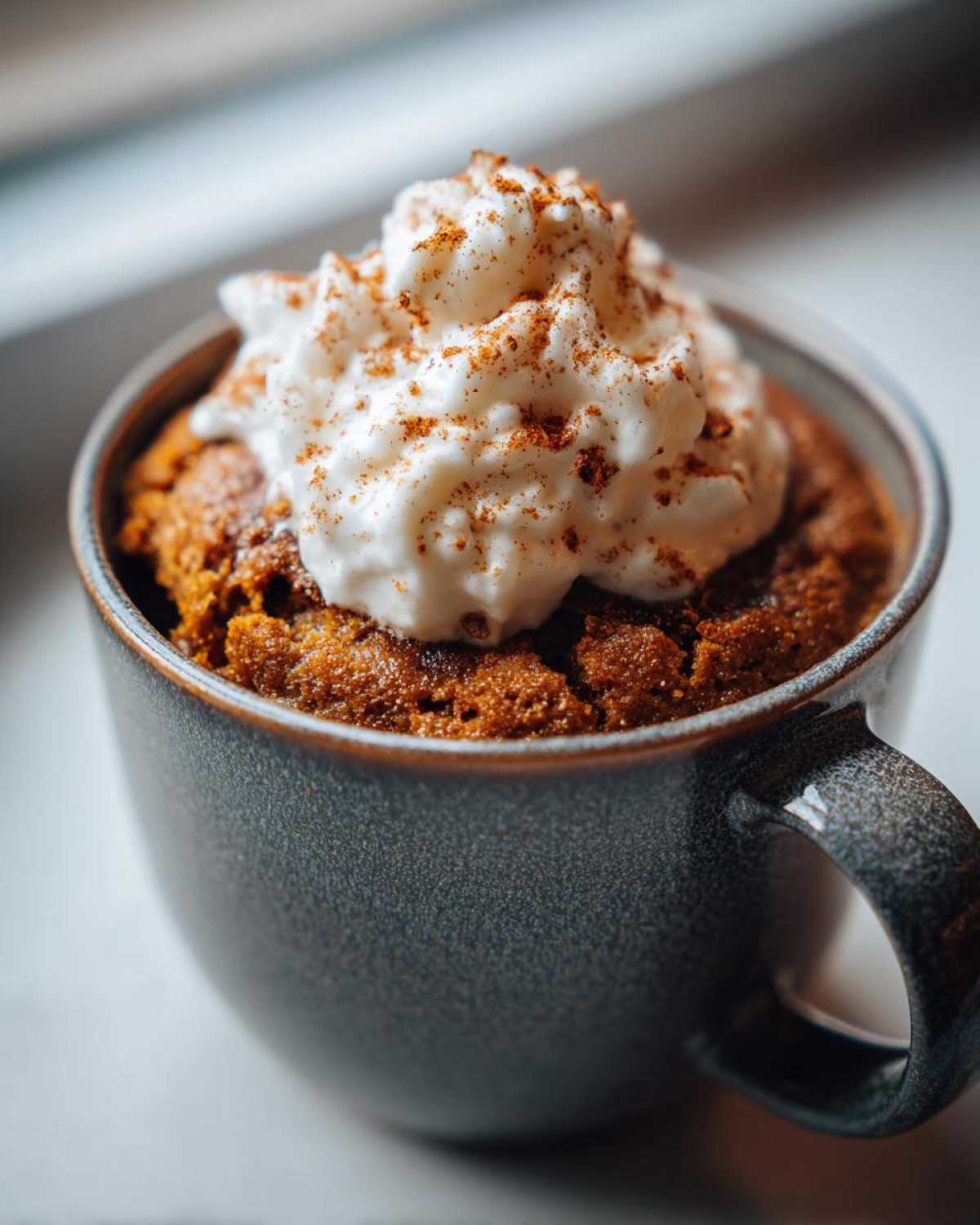 A close-up of a delicious Pumpkin Spice Latte Mug Cake topped with whipped cream and a sprinkle of cinnamon.