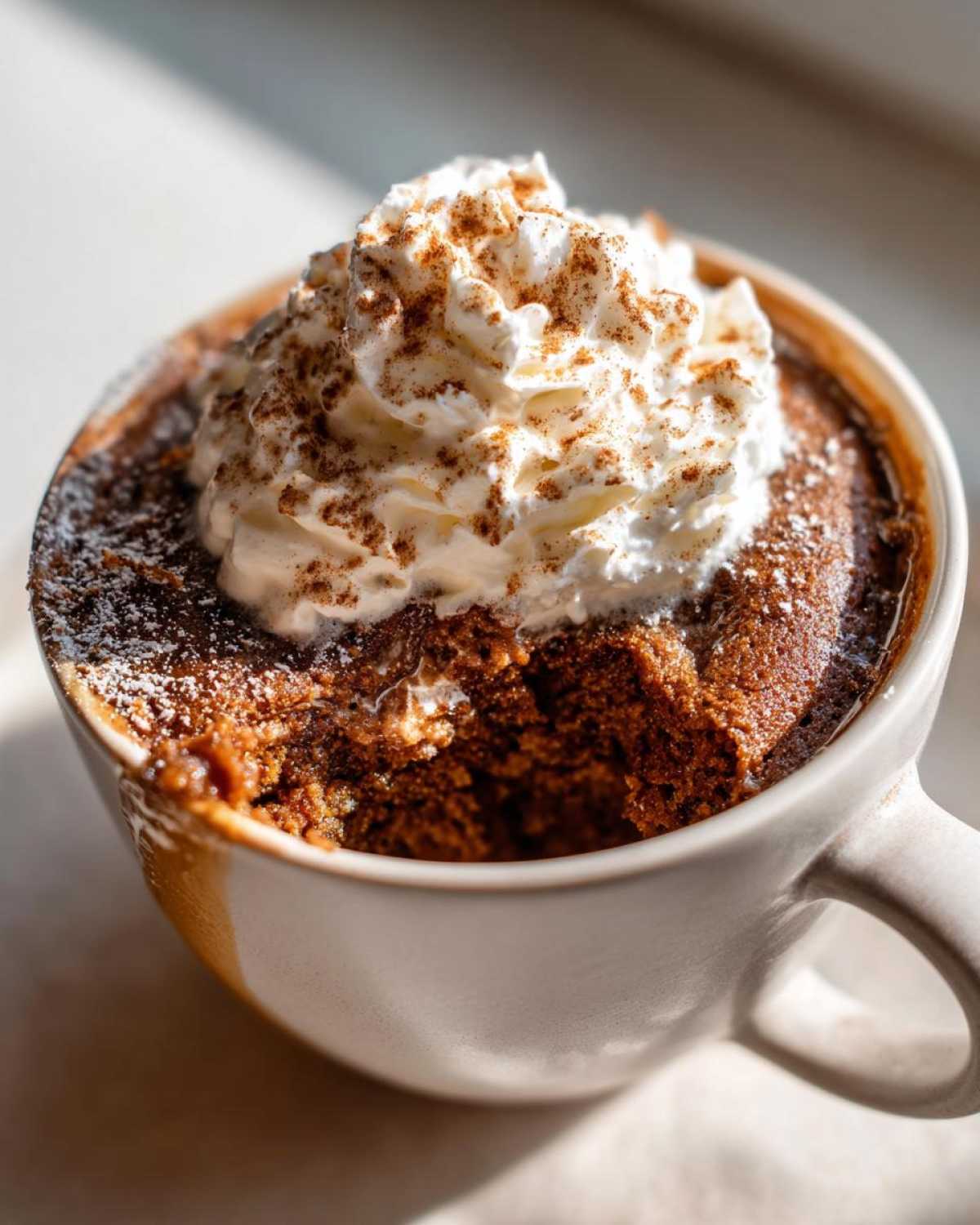 A delicious Pumpkin Spice Latte Mug Cake topped with whipped cream and a sprinkle of cinnamon.