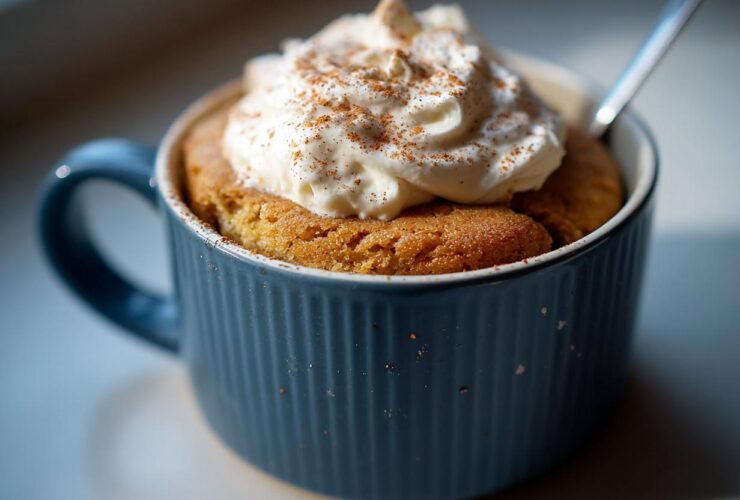 A close-up of a delicious Pumpkin Spice Latte Mug Cake topped with whipped cream and cinnamon.