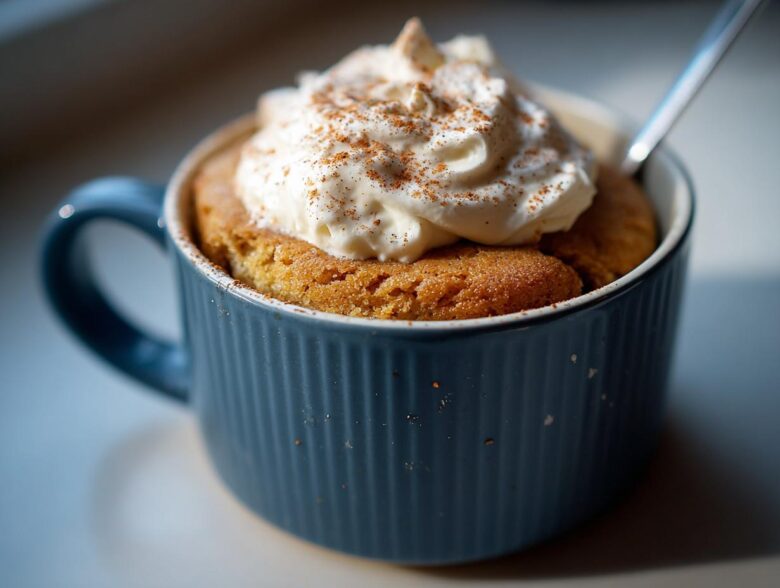 A close-up of a delicious Pumpkin Spice Latte Mug Cake topped with whipped cream and cinnamon.