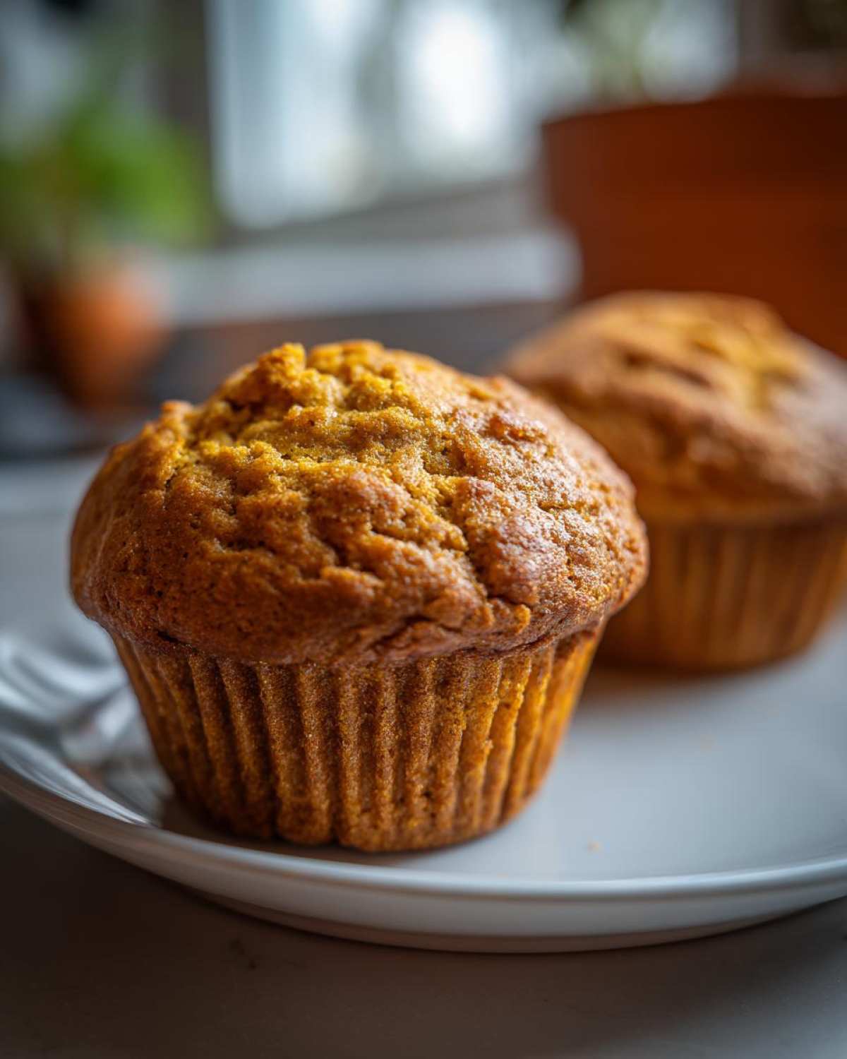 Close-up of two golden-brown pumpkin spice muffins on a white plate, ready to be enjoyed.