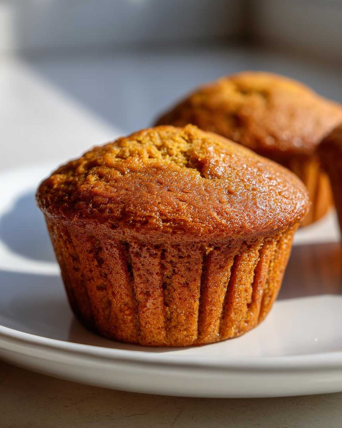Close-up of a golden-brown pumpkin spice muffin on a white plate, ready to be enjoyed.
