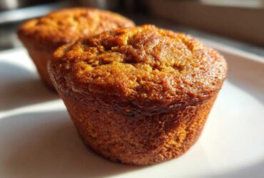 Close-up of two golden-brown pumpkin spice muffins on a white plate, bathed in warm sunlight.