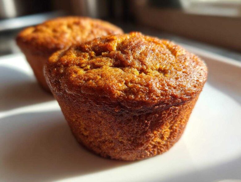 Close-up of two golden-brown pumpkin spice muffins on a white plate, bathed in warm sunlight.