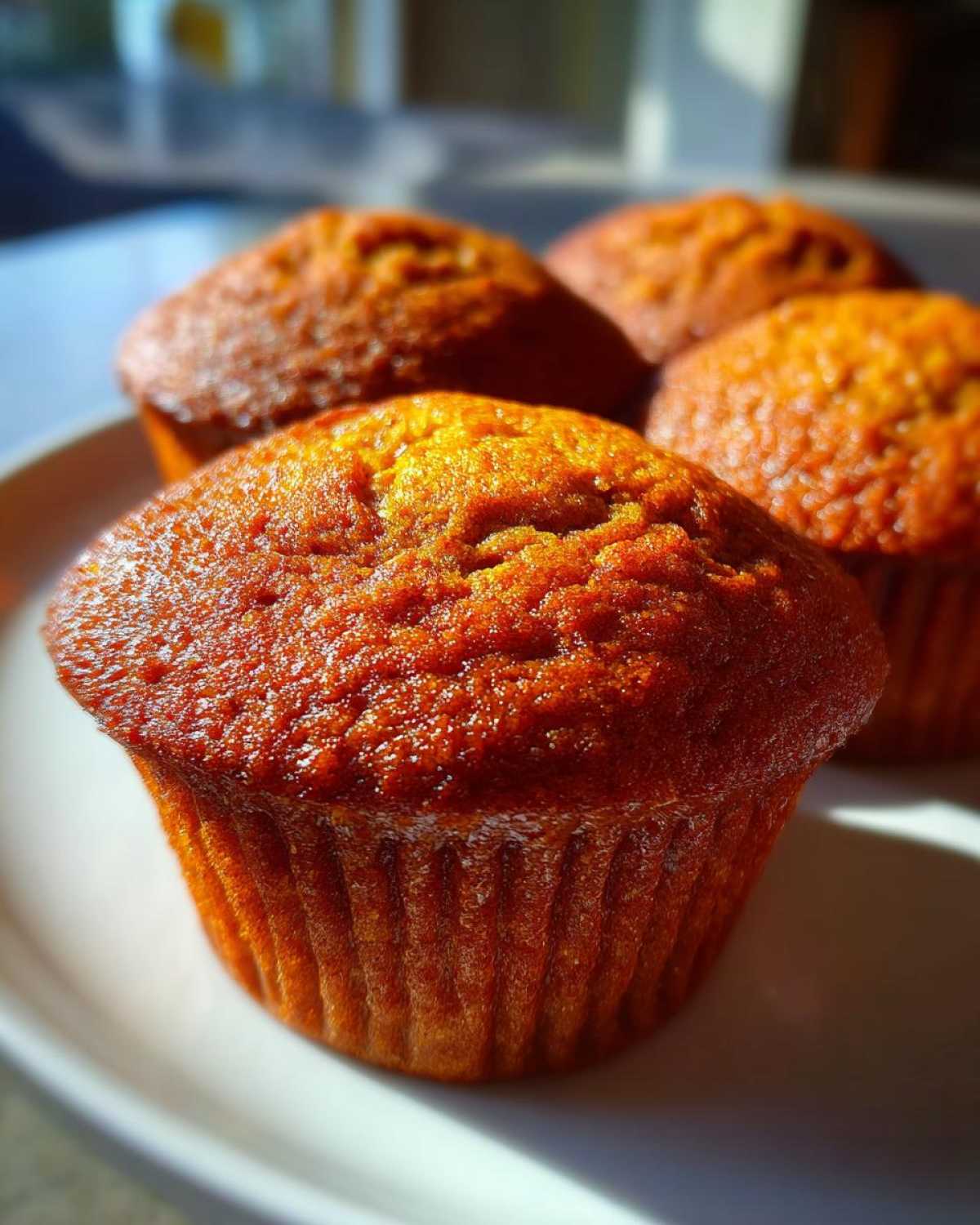 Close-up of golden brown pumpkin spice muffins on a white plate, ready to be enjoyed.