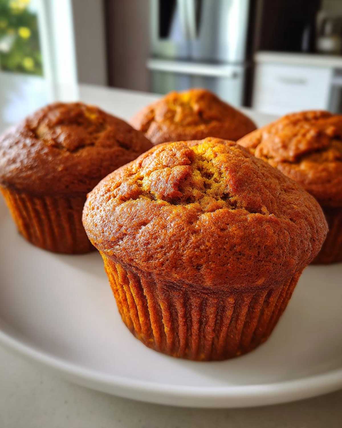 Close-up of four freshly baked Pumpkin Spice Muffins on a white plate, ready to be enjoyed.