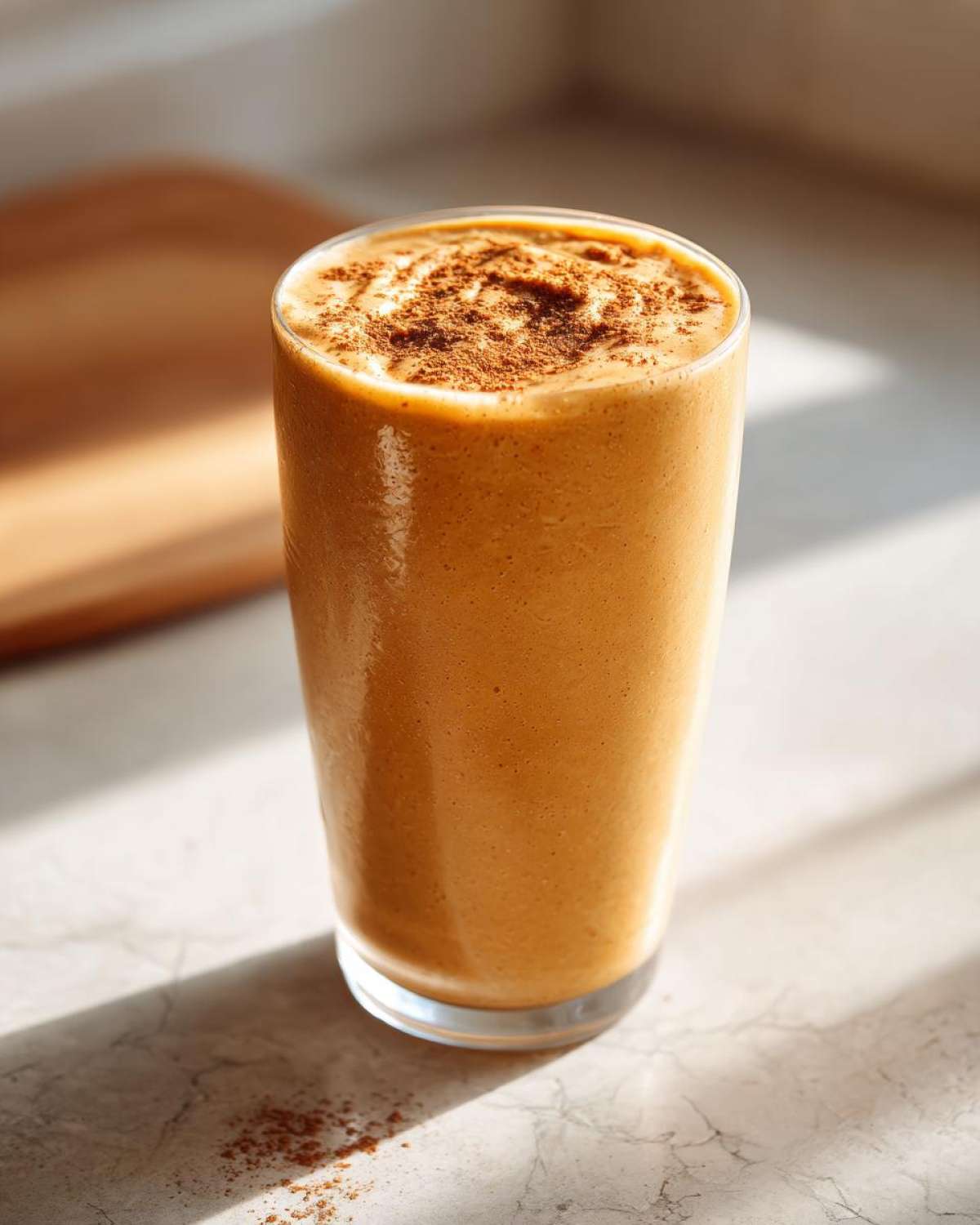 A tall glass filled with a creamy Pumpkin Spice Protein Smoothie, topped with a dusting of cinnamon.