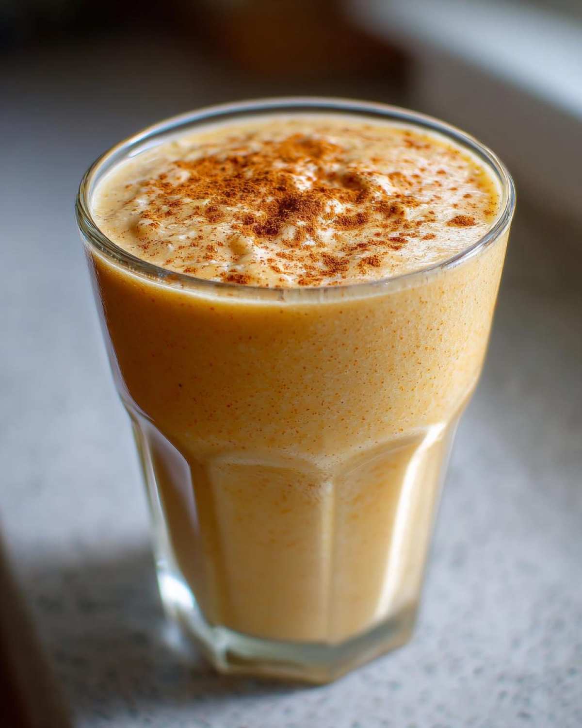 A creamy Pumpkin Spice Protein Smoothie topped with a sprinkle of cinnamon.