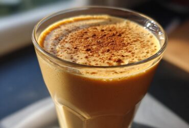 A close-up of a creamy Pumpkin Spice Protein Smoothie topped with a sprinkle of cinnamon.