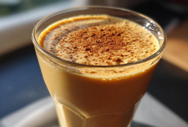 A close-up of a creamy Pumpkin Spice Protein Smoothie topped with a sprinkle of cinnamon.